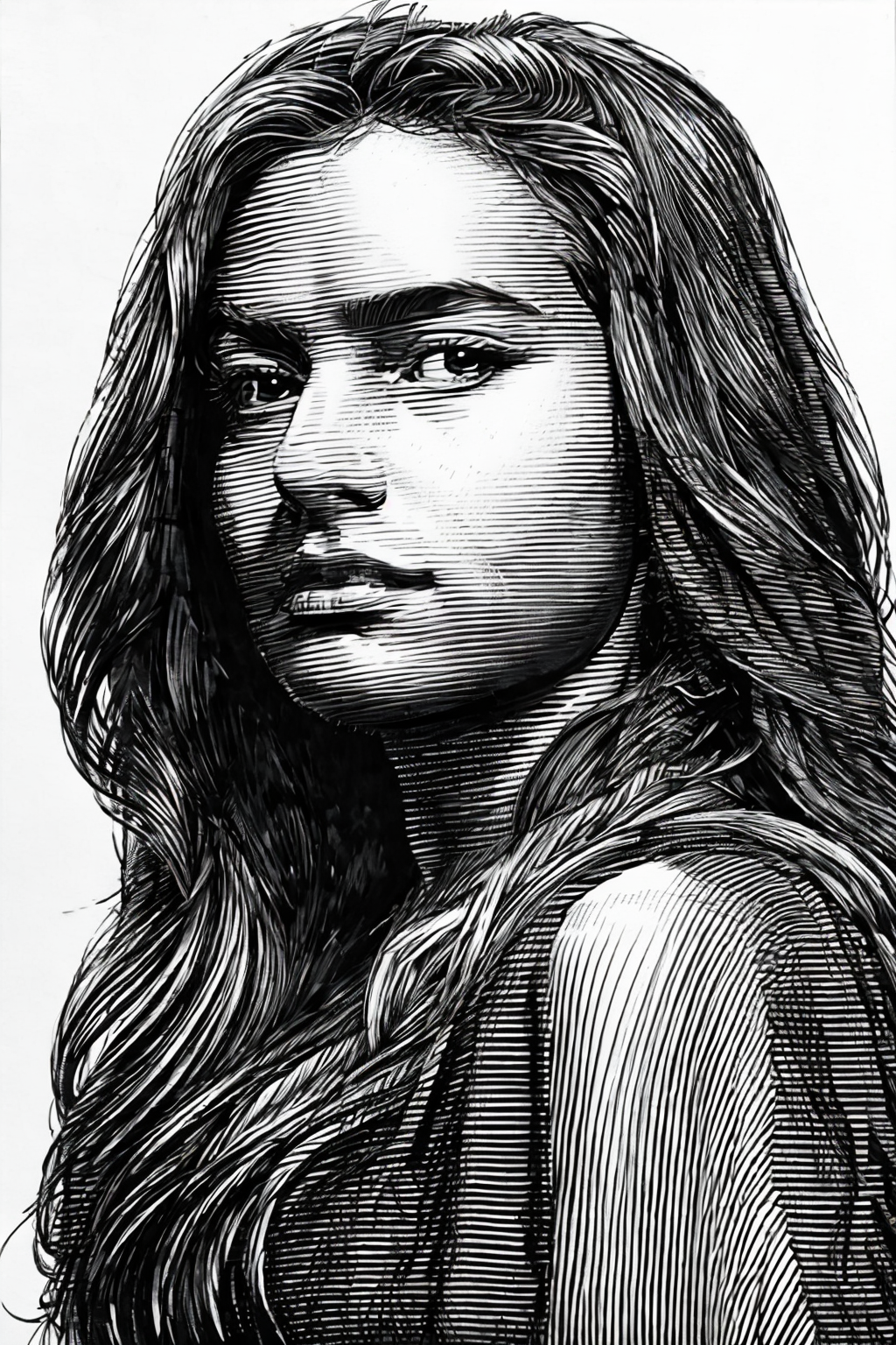 penink,masterpiece, best quality,1girl,standing, long hair,cold face, upper body,portrait, (front),monochrome, greyscale,